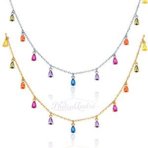 925 Sterling silver Rainbow Dangling Teardrop Necklace, 18k Gold Plated Necklace
